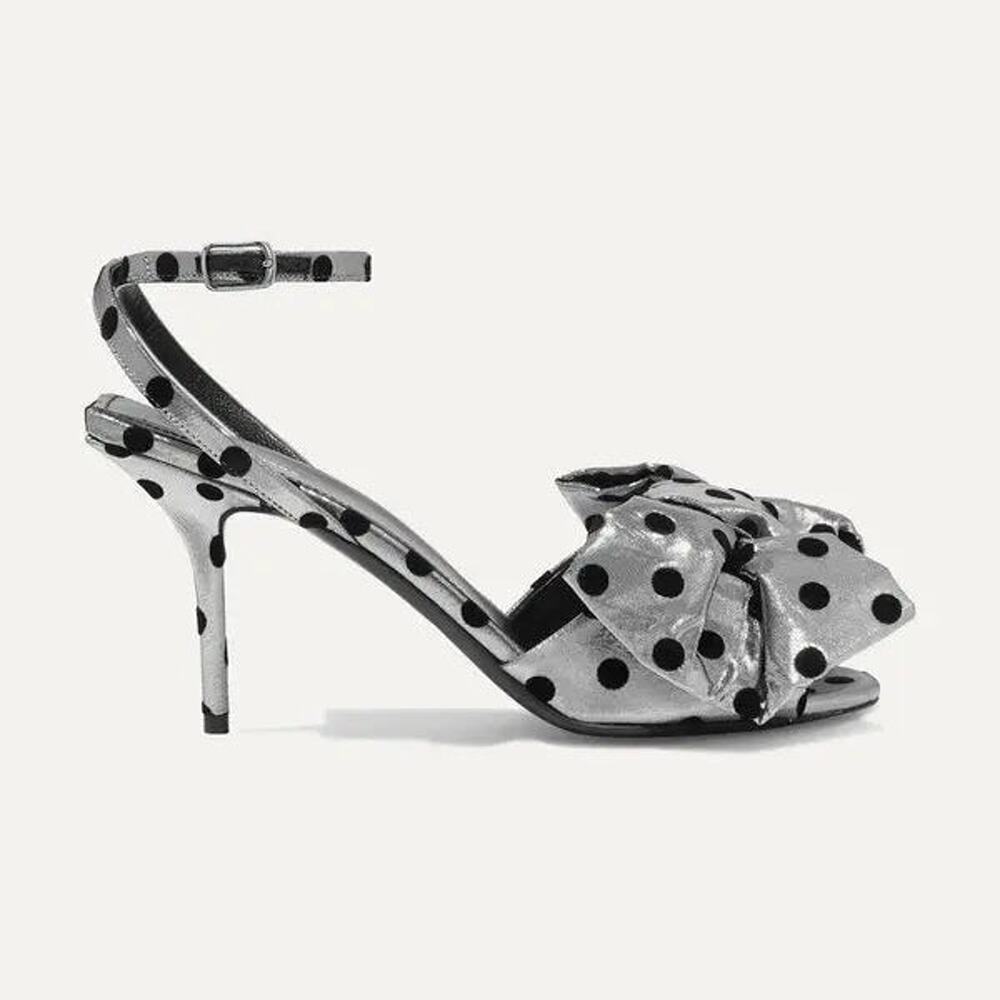 Balenciaga Bow Polka-Dot Flocked Lamé Ankle Strap Sandals Silver Black EU 39.5